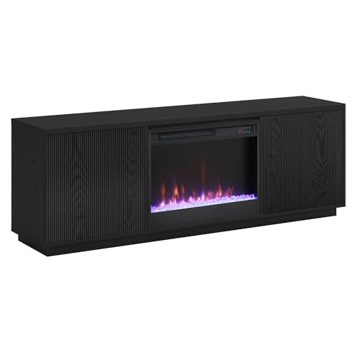 Henn&Hart Fluted TV Stand for TVs up to 75" with 26" Electric Crystal Rocks Fireplace and Ribbed Side Storage Cabinets for Living Room, Family Room, or Office, Natural Black - color: Natural Black, size: 70" TV Stand with Fireplace