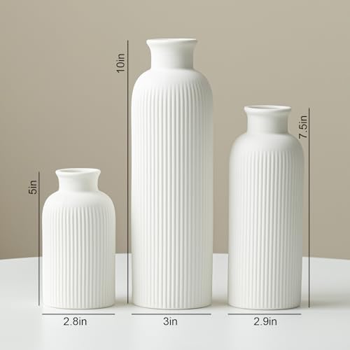 Modern Ceramic Vase Set, White Ribbed Matte Design, 3-Piece Decorative Vases for Home, Living Room, Office (White) - color: White