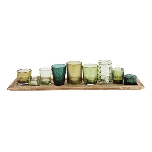 Creative Co-Op Wood Tray with 9 Green Glass Votive Holders - color: Greens
