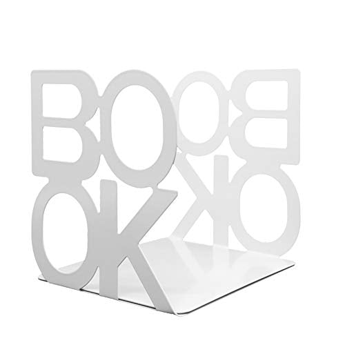 A Pair of Simple Style Book Pattern Desktop Bookends, Nonskid Metal Book Ends Book Stands for Home Office Library School Deck Decoration (White) - color: White