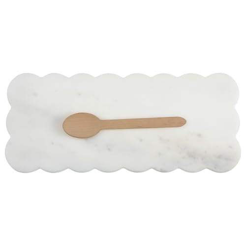 Newtay White Scallop Marble Board 12" x 5" Cutting Board with Rubber Feet, Scalloped Marble Tray Decorative Pastry Board for Kitchen Cake Bread Baking Cheese Display