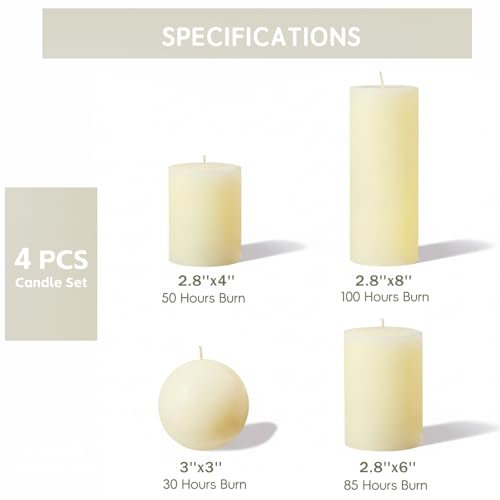 Ivory Rustic Textured Pillar Candles Set - 4 Pcs Assorted Sizes Unscented Pillar Candle, Decorative Farmhouse Candles for Home Centerpiece Decor, Holiday Dinner Table, Dripless & Smokeless - color: Cream Ivory