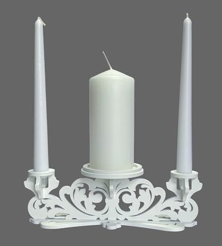 Wooden Unity Candle Holder – Solid One-Piece Triple Candle Stand – Handcrafted from Natural Wood – Painted in Safe Premium White Finish – Fits 2 Taper (0.80”) & 1 Pillar Candle (3”)