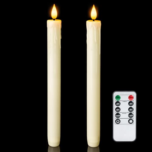 Homemory 2 PCS Flameless Taper Candles with Remote and Timer, 9.6 inch Ivory LED Candle Sticks Battery Operated, Dripless Real Wax Window Candles with 3D Flickering Flame for Fireplace Christmas - style: Farmhouse - Ivory 9.6"