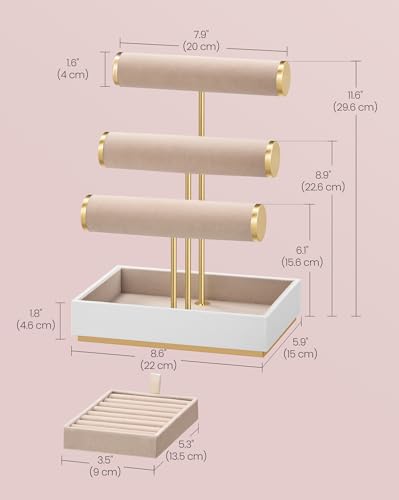 SONGMICS Bracelet Holder Stand, Jewelry Display Stand, Jewelry Organizer, with 3 Tiers and Velvet Tray, Removable Ring Holder, Cloud White and Camel Brown UJJS027A01 - color: Cloud White + Camel Brown