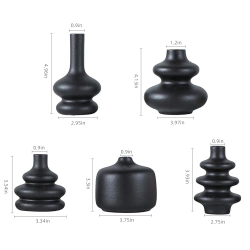 Black Ceramic Bud Vase, Small Vase Set of 5, Mini Vases in Bulk for Flower, Decorative Vase for Home Decor, Boho Vases for Wedding Decorations Living Room Dining Table Shelves Decor - color: D-5pcs Matte Black Vase