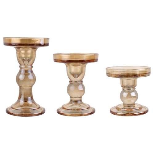 3-Piece Set of Amber Glass Candlestick, Crystal Candlestick Holder Holder and Conical Candle, Christmas Candle Holder Decoration, Family Living Room Wedding Candle Holder (Amber) - color: Amber