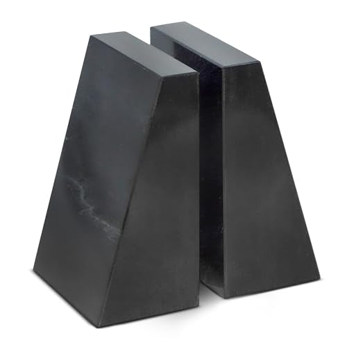 Modern Wedge Marble Bookends – Hand Carved, Polished Stone Bookends w/Non-Slip Rubber Pads – Lightweight & Compact Decorative Bookends - Versatile, Luxury Book Organizer for Shelf & More - color: Jet Black