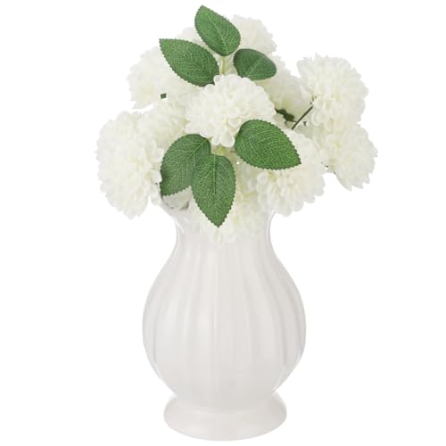 White Wavy Edge Ceramic Vase, Modern Ribbed Flower Vase for Home Decor, Scalloped Opening Pedestal Vase, Minimalism Elegant Table Centerpiece for Dining Table Mantle Bedside Shelves