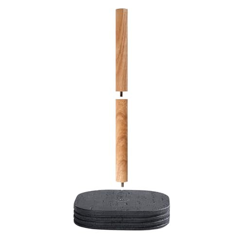 Black Travertine Standing Paper Towel Holder for Kitchen Countertop, Bathroom Shelf Toliet Top Paper Roll Holder with Weighted Base and Sturdy Wood Stand,for Standard or Plus Rolls, Height-Adjustable - color: Black Stone
