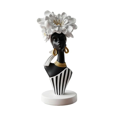 Lescafita African Woman Art Sculpture with White Flower Crown, Black and White Art Statue,Elegant African-Inspired Art Gift Suitable for Various Settings Such as Home, Bookshelves, desks, or Offices - color: 704-white