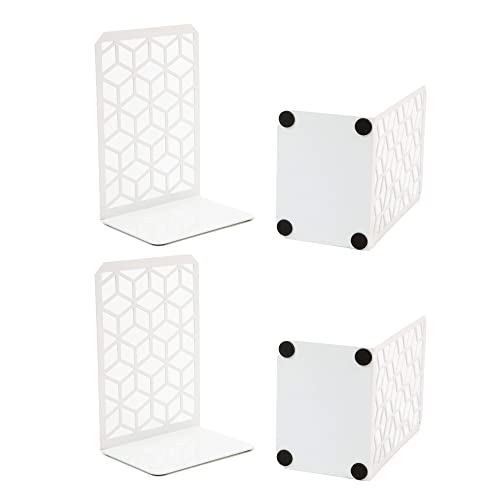 Geomod 3D Cube White Metal Bookends Decorative for Heavy Books - Sturdy Boho Book Stops - Minimal Book Shelf Stopper - Durable Office Bookends - Weighted Metal Book Holders - 7x4.75 Inches - 2 Pair - color: White, size: 2 Pairs, style: 3D Cube
