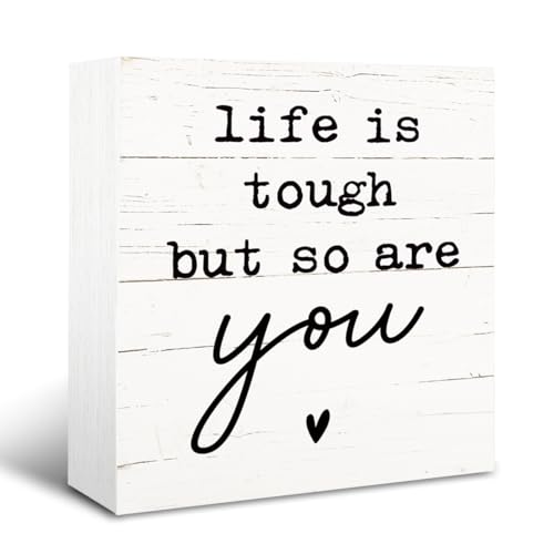Positive Wood Sign, Inspirational Wooden Box Signs, Funny Office Signs for Tabletop, Modern Decoration for Table Shelf, Motivational Quotes Desk Decor, Life is Tough But So Are You Sign, White - color: White