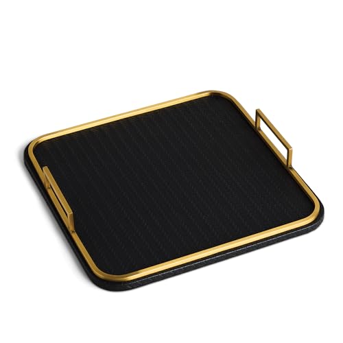 Preston Lane Mayfair Decorative Tray – Vegan Leather with Woven Texture, Brushed Brass Handles – Serving, Dresser & Coffee Table Tray, Ink - color: Ink