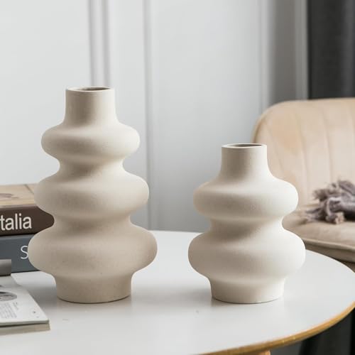 Ceramic Vase Set of 2 - Off White Boho Round Vases, Modern Pampas Vases, Dried Flower Vase Home Decor for Centerpieces Wedding Dinner Table Party Living Room Office Bedroom - color: Creamy Off-white/Light Beige