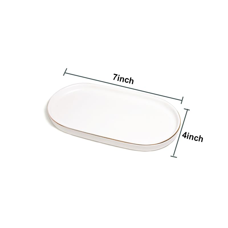 Ceramic Jewelry Dish, Perfume Vanity Tray, 7x4 Decorative Catch All Bowl for Trinket Key Ring, Small Bathroom Counter Tray, Soap Tray for Kitchen Sink (White) - color: White