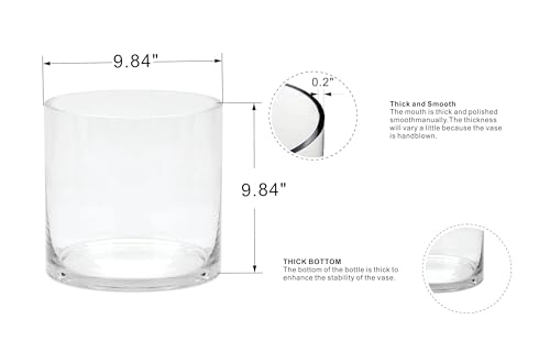 10" Wide 10" Tall Large Hand Blown Sturdy Clear Cylinder Glass Vase, Centerpiece Flower Vase for Rose, Tulip, Boquets, Hurricane Candle Holder (1, 10"x10") - size: 10"x10"