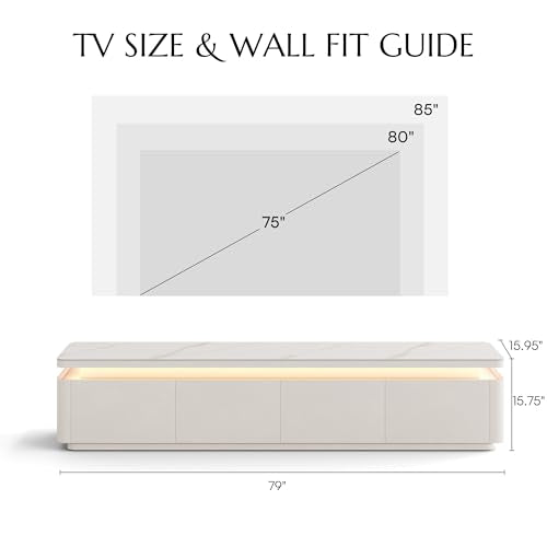 POVISON Fully Assembled 79" Mid-Century Modern TV Stand with LED Lights, Glossy Sintered Stone Top Media Console for 75 Inch TV, Drop-Down Doors & Drawers, Open Storage for Living Room - color: White, size: 79"