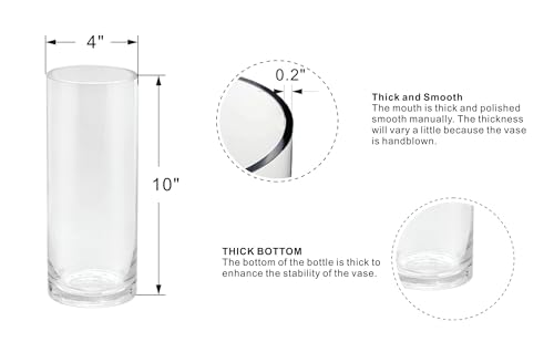 4" Wide 10" High Large Hand Blown Sturdy Clear Cylinder Glass Vase, Centerpiece Flower Vase for Rose, Tulip, Boquets, Hurricane Candle Holder (1, 4"x10") - size: 4"x10"