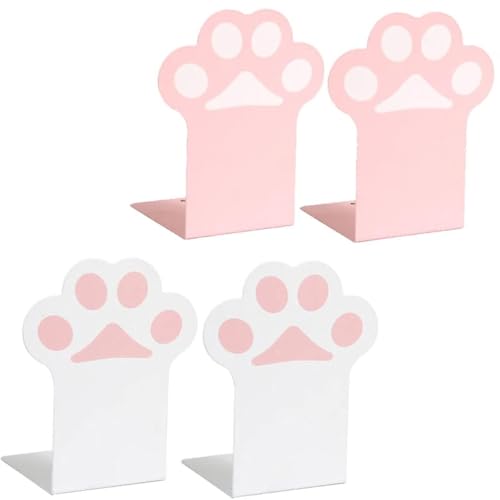 2 Sets Cat Paw Metal Bookends Cute Desktop Bookshelf Sturdy Cartoon Bookshelf for Home and Office Decoration - color: 1 Set Pink+1 Set White