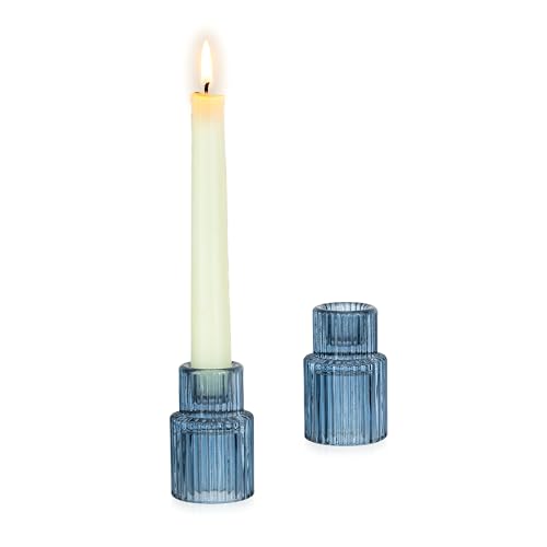 Glasseam Candle Sticks Holder Decor: 2 Pcs Ribbed Glass Blue Candlesticks Holders Modern Fluted Taper Candle Holders for Table Centerpiece Wedding Decorations Dinner Party Home Decor - color: Blue