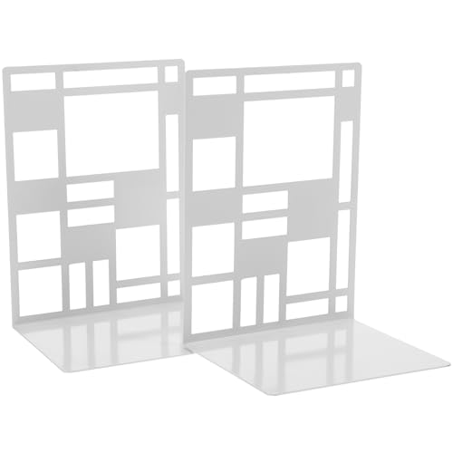 2Pcs Minimalist Metal Bookends Sturdy Hollow Square Book Holders in White Desktop Book Organizers with Elegant Pattern Design for Home and Office Decor