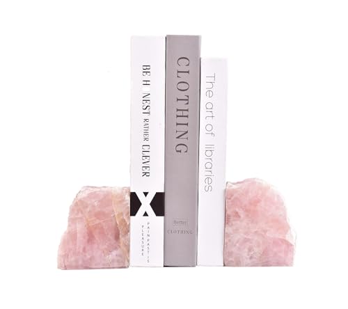 AMOYSTONE Rose Quartz Crystal Bookends for Small Books- Compact Natural Stone Organizer with Non-Slip Base & Polished Finish (1 Pair, 2-3 LBS) - color: Pink, size: 2-3 Pounds