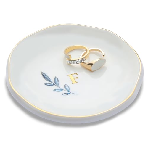 Personalized Ceramic Ring Dish, Initial Jewelry Tray for Rings, Earrings, Necklaces & Bracelets, Gift for Engagements, Birthdays, Holidays, Mom, Sister, Bridesmaid, Bride-to-Be, 4" Ring Plate - color: F