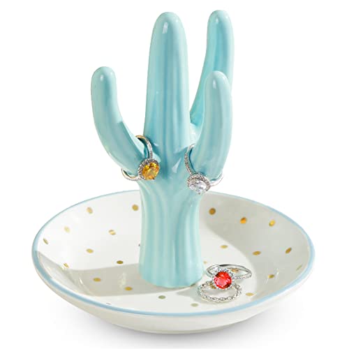 PUDDING CABIN Cactus Ring Holder, Birthday Gift for Women Her Mom Friend Female, Macaron Jewelry Dish with Dots Ins Room Decor Jewelry Dish for Rings Earrings Bracelets Necklace Organizer… - style: Macaron Blue Cactus