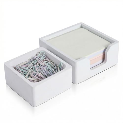 Concrete Desk Organizer Set of 2 - Minimalist Sticky Note Holder & Paper Clip Dispenser - Heavy Duty Office Desk Accessories with Non-Slip Base for Home Workspace Organizer & Desk Decor, White - color: White