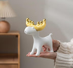 Modern White Resin Deer Figurine with Gold Antlers – 7.48 x 69 x 7.72 Minimalist Animal Sculpture for Home & Desk Decor(Standing/Reclining Style) - size: H 7.72 in White A
