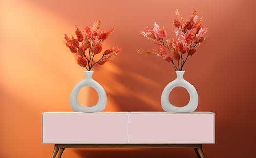 Ajuny Donut Vase Set of 2 – White Ceramic Modern Vases for Flowers, Pampas Grass, Centerpieces | Boho Table Decor for Living Room, Wedding, Kitchen, TV Stand, Office, Shelf, Mantle - style: Hollow-Circle-Vase