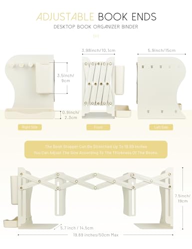 Heavy Duty Bookends Adjustable Book End, Desk Book Holder for Shelves, Book Organizer for Desk, Suitable for Office Home School (19.69 inches Max) (White) - color: White