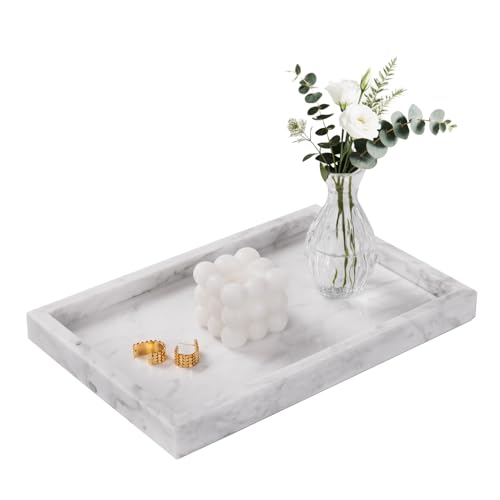 Marble Bathroom Tray for Countertop & Home Decor, Natural Decorative Marble Tray for Jewelry & Perfume Organizer, Luxury Stone Vanity Trays for Dresser, Kitchen Counter, 12" x 8", White - color: White