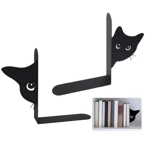 Metal Cat Bookends, 1 Pair Cute Cat Bookends for Shelves Decorative for Home Office Desk Bookshelf Decor (Black,Full-face) - color: Cat-half-face
