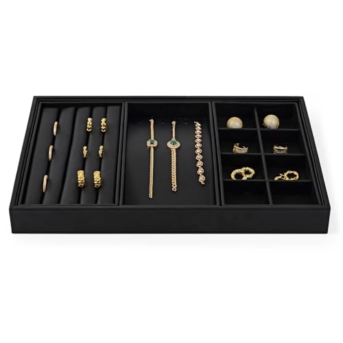 Oirlv 4 in 1 Black Premium Leather Multifunctional Jewelry Display Tray for Rings,Earrings and Bracelets Organizer and Storage - style: P01708