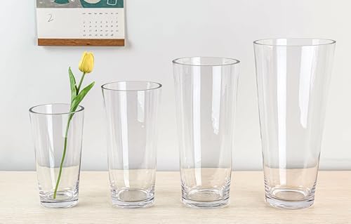 CYS EXCEL 13.75" Tall Clear Glass Cylinder Vase Taper Down Flower Vase with 6.5" Wide Opening Elegant Centerpiece for Weddings, Events, and Home Décor - size: 13.75"H x 6.5"O x 4"B