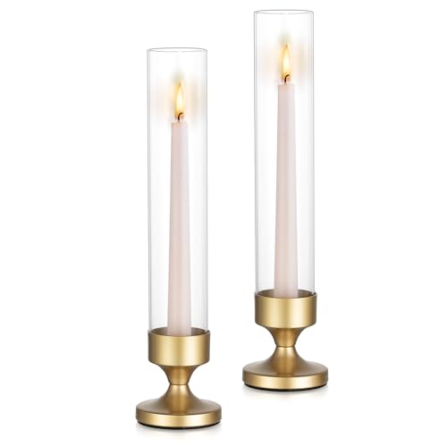 NUPTIO Hurricane Candle Holder for Centerpiece: Set of 2 Metal Taper Candle Holders with Glass Cylinders - Gold Candlestick Holders for Birthday Valentine Dinner Table Decor - size: 2 Pcs