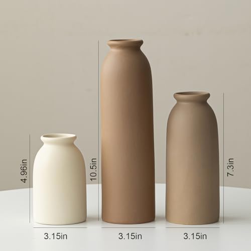 10.4 inches Tall Decorative Ceramic Vase Set, 3 Pieces, Nordic Modern Boho Style, White, Modern Farmhouse for Home Decor (Coffee Mix) - color: Coffee Mix