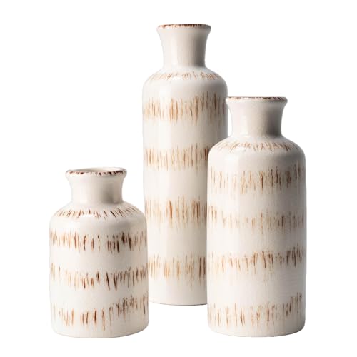 Vintage Ceramic Flower Vase Set of 3, Rustic Farmhouse Vase for Home Decor, Distressed Decorative Vase for Table Entryway Mantel Centerpiece Living Room Bathroom Bedroom (Ivory Vein) - color: 112-ivory Vein