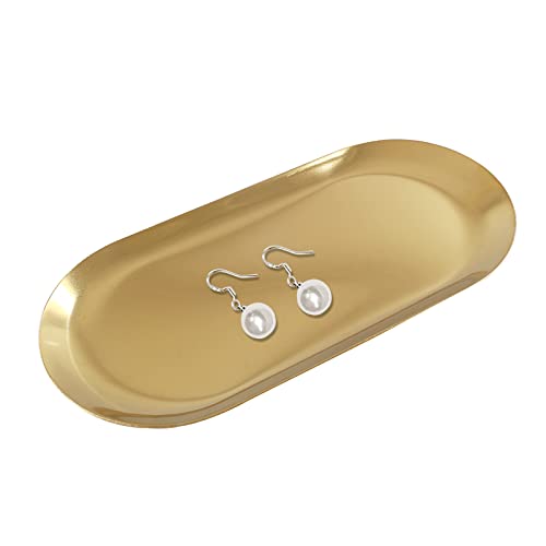 Hitefu 2 Pcs 7" Gold Stainless Steel Decorative Tray, Oval Jewelry Tray, Trinket Plate Organizerfor Bathroom, Cosmetics, Perfume Serving - color: Gold