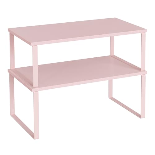 SONGMICS Cabinet Organizer Shelf, Set of 2 Kitchen Counter Shelves, Kitchen Storage, Spice Rack, Stackable, Expandable, Metal and Engineered Wood, Jelly Pink UKCS025S01 - color: Jelly Pink, size: 15.6"W