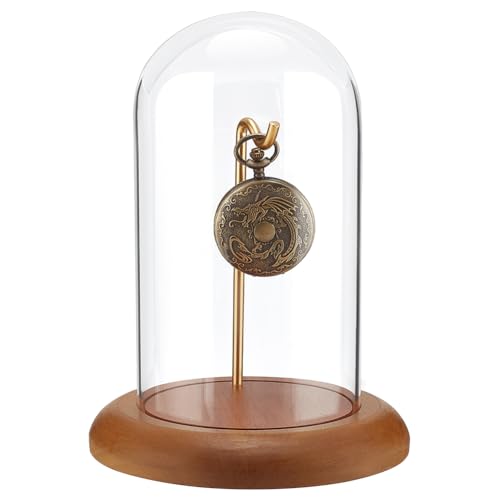 PH PandaHall Pocket Watch Glass Display Dome Cloche with Hook 5.7"x7.6" Watch Display Jar Clear Glass Dome with Wood Base Plant Watch Ornament for Watch Plants Medals Display Collectibles - size: 5.7x7.6 Inch