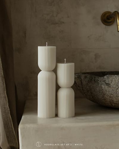 LAWA Hourglass Pillar Candle - Large Beautiful Handmade Pillar Scented Soy Wax Elegant Bubble Aesthetic Candle Housewarming Gift Home Room Shelf Decor Idea - White (Set of 2) - color: White
