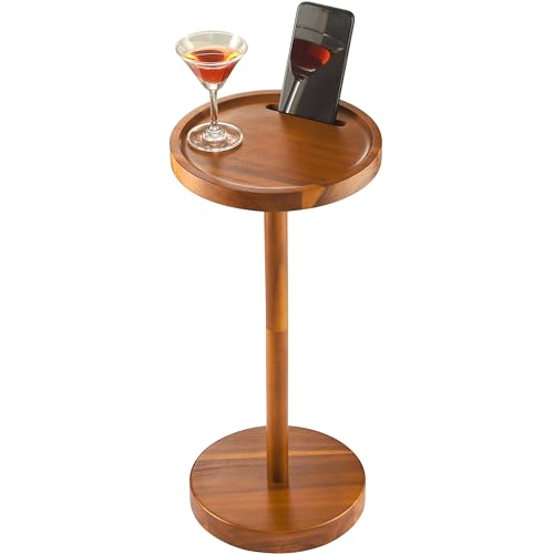 BLUEWEST Drink Table, 22" Tall Compact Side Table with Phone Slot and Weighted Base, Durable Pedestal Table Accent for Living Room, Bedroom, or Office, Cocktail and Martin (1, Acacia) - color: Acacia