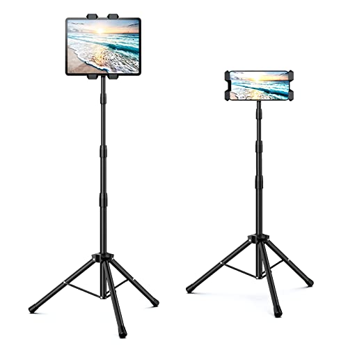 Raking Tablet Floor Stand, Height Adjustable Cellphone Floor Stand with 360°Rotating Tripod Mount, Compatible with iPhone iPad mini/Air/Pro and All 5.5-12.9 Inch Devices