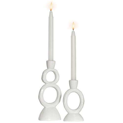 White Taper Candle Holders for Candlesticks, Unique Decorative Candlesticks Holder Home Decor Set of 2 for Fall Thanksgiving Wedding Table Centerpiece Decorations, Modern Aesthetic Room Decor（Resin） - color: White