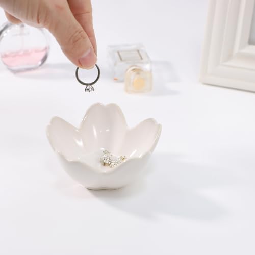 Flower Ring Dish Holder,Jewelry Dish Tray,Small Trinket Tray,Jewelry Plate Bowl,Key Bowl,Decorative Plate,Mothers Day Birthday Gifts for Women Mom Friends,Ceramic Kiln effect White - color: Kiln effect White