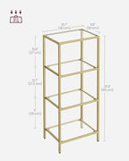 VASAGLE Bookcase, 4-Tier Bookshelf, Slim Shelving Unit for Bedroom, Bathroom, Home Office, Tempered Glass, Steel Frame, Metallic Gold ULGT28G - color: Metallic Gold, size: 4 Tiers (15.7"W x 37.4"H)