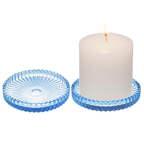2 Pack Glass Pillar Candle Holders 4 Inch Ribbed Edge Design Decorative Candle Plate with Serrated Edges Clear Blue Display Stand for Wedding Home Decor Table Centerpieces - color: Blue